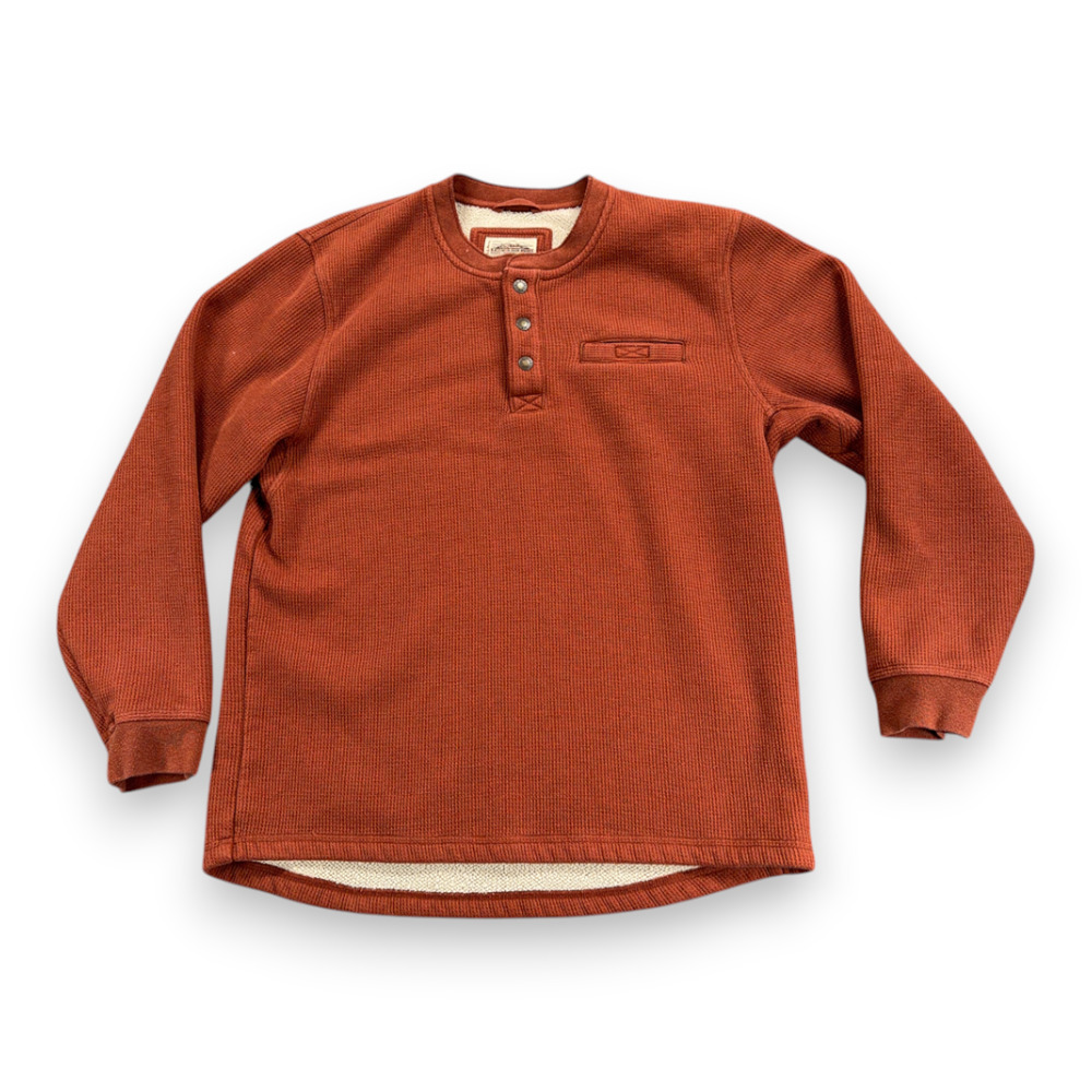 LL Bean Sweater Adult LARGE Orange Katahdin Iron Works Henley Waffle Knit Sherpa